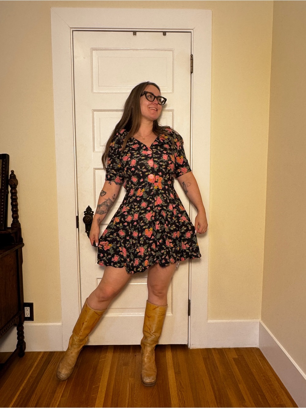 70s does 40s Black Cotton Floral Mini Dress